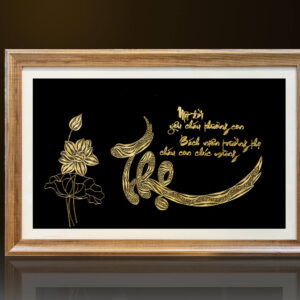 Tranh chữ "Thọ" và hoa sen mạ vàng 24k - CT02