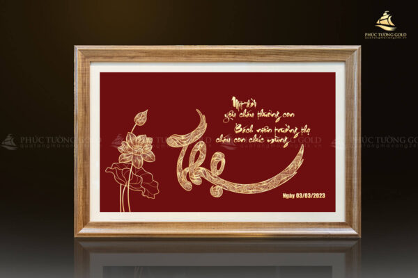 Tranh chữ "Thọ" và hoa sen mạ vàng 24k - CT02 - Ảnh 6