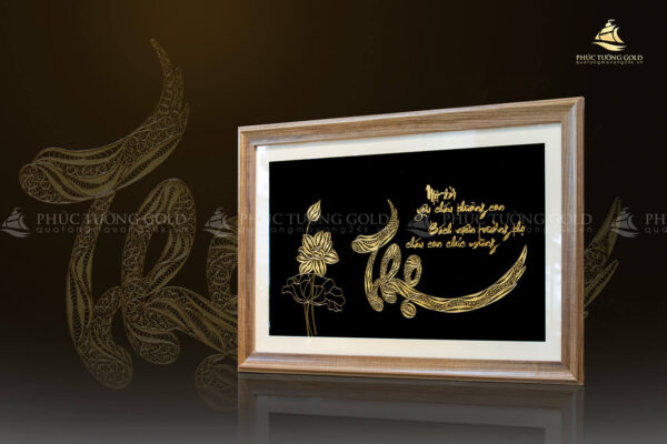 Tranh chữ "Thọ" và hoa sen mạ vàng 24k - CT02 - Ảnh 5