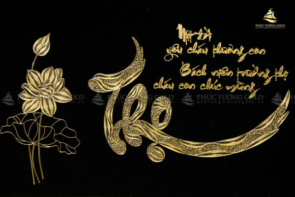 Tranh chữ "Thọ" và hoa sen mạ vàng 24k - CT02 - Ảnh 3