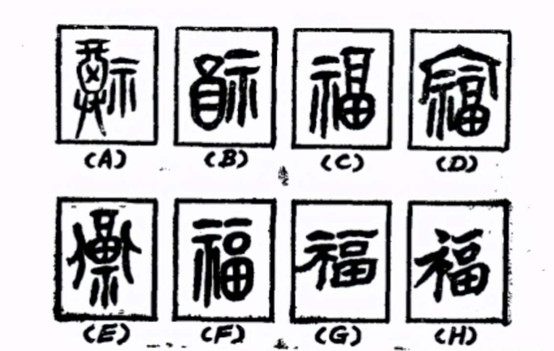 Hình dáng chữ Phúc thay đổi qua các thời kỳ khác nhau (từ giai đoạn giáp cốt văn, đến Kim văn, thời hiện đại)- phuctuonggold-com