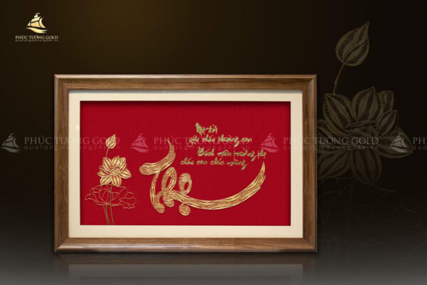 Tranh chữ Thọ và hoa sen mạ vàng 24K - CT01 - Ảnh 3
