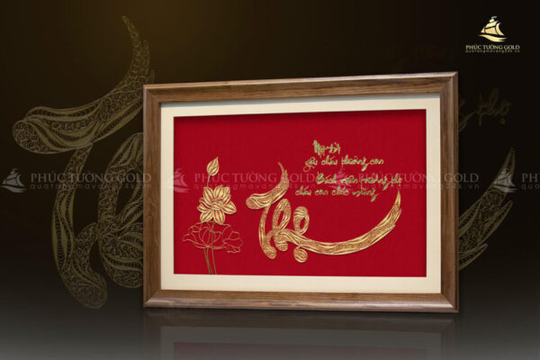 Tranh chữ Thọ và hoa sen mạ vàng 24K - CT01 - Ảnh 4