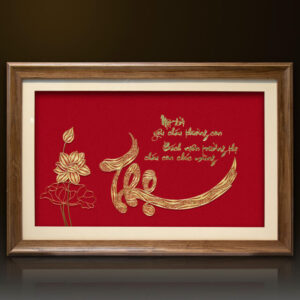 Tranh chữ Thọ và hoa sen mạ vàng 24K - CT01