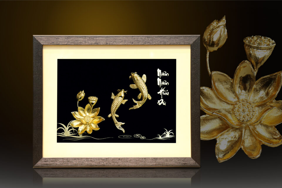 Tranh song ngư cát hạnh mạ vàng 24K – SN01