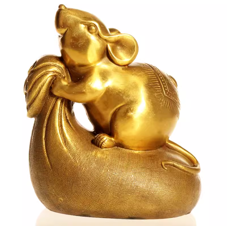 Tượng chuột mạ vàng 24K ôm túi lộc - phuctuonggold-com